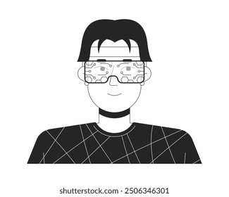 VR headset man young adult korean black and white 2D vector avatar illustration. Futuristic glasses guy asian outline character face isolated. Virtual reality device flat user profile image portrait