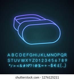 VR headset neon light icon. 3D virtual reality mask set. VR glasses, goggles perspective view. Glowing sign with alphabet, numbers and symbols. Vector isolated illustration
