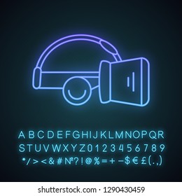 VR headset neon light icon. Virtual reality mask set. VR glasses, goggles with built in headphones. Glowing sign with alphabet, numbers and symbols. Vector isolated illustration