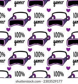 VR headset seamless vector pattern. Glasses, helmet of virtual or augmented reality, 100% gamer. Bright modern tech, device for games, 3D. Flat cartoon background for packaging, posters, print, web