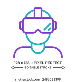 VR headset two color line icon. VR gaming device. Immersive experience. Person with smart glasses bicolor outline symbol. Duotone linear pictogram. Isolated illustration. Editable stroke