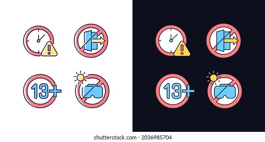 VR headset usage light and dark theme RGB color manual label icons set. Isolated vector illustrations on white and black space. Simple filled line drawings pack for product use instructions