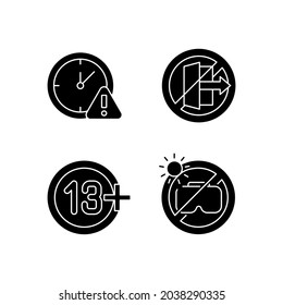 Vr headset usage prohibitions black glyph manual label icons set on white space. Age requirement and restrictions. Silhouette symbols. Vector isolated illustration for product use instructions