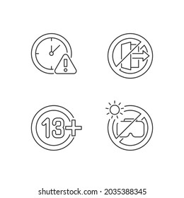 Vr headset usage prohibitions linear manual label icons set. Customizable thin line contour symbols. Isolated vector outline illustrations for product use instructions. Editable stroke