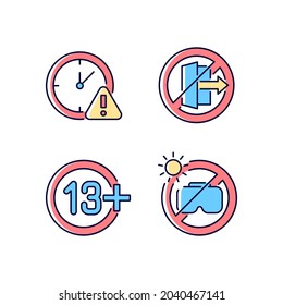 Vr headset usage RGB color manual label icons set. Age requirement and restrictions. Isolated vector illustrations. Simple filled line drawing for product use instructions collection