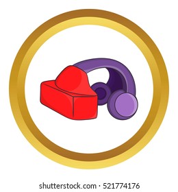 VR headset vector icon in golden circle, cartoon style isolated on white background