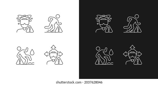 VR headset warning linear manual label icons set for dark and light mode. Customizable thin line symbols. Isolated vector outline illustrations for product use instructions. Editable stroke