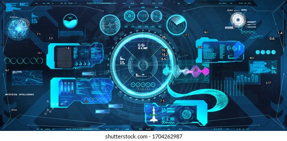 VR Head-up Display mit futuristischem Design. Virtuelle Simulation für Himmelshelm im HUD-Stil. Cockpit-Dashboard-Panel für futuristische Benutzerschnittstelle. Virtueller grafischer Touch. Vektorillustration VR, GUI, HUD