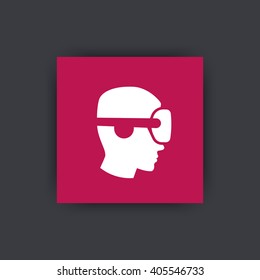 VR helmet icon, man in profile in virtual reality glasses, vr pictogram, virtual reality headset icon on square, vector illustration