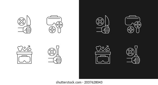 VR helmet usage guide linear manual label icons set for dark and light mode. Customizable thin line symbols. Isolated vector outline illustrations for product use instructions. Editable stroke