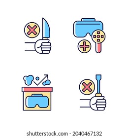 Vr helmet usage guide RGB color manual label icons set. VR glasses instructions and restrictions. Isolated vector illustrations. Simple filled line drawing for product use instructions collection