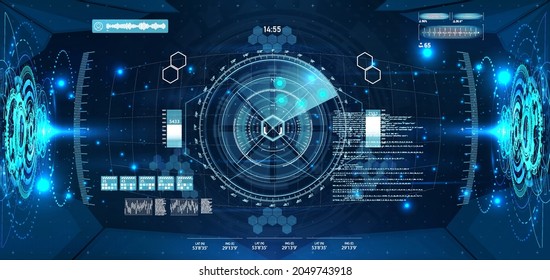 VR helmet view with HUD interface and cyberspace. Head-Up display design virtual reality helmet with futuristic gadgets. Interactive target capture system. HUD, GUI, UI elements. Vector template 