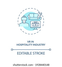 VR In Hospitality Industry Concept Icon. Business Travel Covid Travel Idea Thin Line Illustration. New Normal. Business Adaptation. Vector Isolated Outline RGB Color Drawing. Editable Stroke