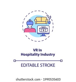 VR In Hospitality Industry Concept Icon. Business Travel Covid Travel Idea Thin Line Illustration. New Normal. Business Innovation. Vector Isolated Outline RGB Color Drawing. Editable Stroke