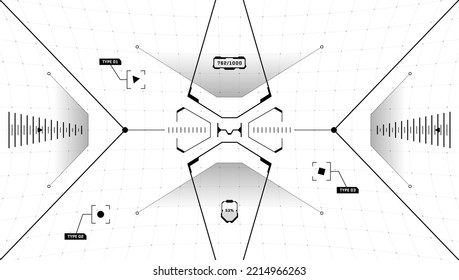 VR HUD digital futuristic interface cyberpunk screen. Sci-fi virtual reality technology head up display target. GUI UI technology black and white spaceship dashboard panel. FUI viewfinder vector visor