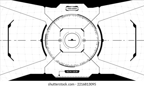VR HUD digital futuristic interface cyberpunk screen. Sci-fi virtual technology head up display circle target. GUI UI black and white spaceship cockpit dashboard panel. FUI viewfinder visor vector eps