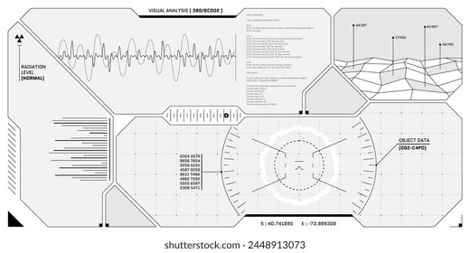 VR HUD futuristisches Bedienfeld. Technologie Head-up Display Ziel und UI-Bildschirm. GUI Digital Virtual Reality Schnittstelle Hi-Tech Visier Design Vorlage. FUI Sci Fi SpaceShip Cockpit Vektorgrafik eps Dashboard