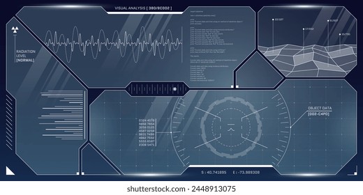 Panel de control futurista VR HUD. Tecnología cabeza arriba muestra el destino y la pantalla UI. GUI Interfaz de realidad virtual digital ciberespacio de alta tecnología diseño de visor. Panel de la cabina de la nave espacial FUI Sci Fi. Vector