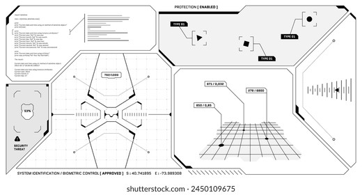 VR HUD futuristisches Bedienfeld. Technologie Head-Up-Display Ziel und UI Command Center-Bildschirm. GUI Digital Virtual Reality Interface HiTech Visier Vorlage. FUI Sci Fi SpaceShip Cockpit Dashboard
