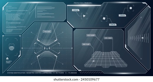 VR HUD futuristic control panel. Technology head up display target and command center UI screen. GUI digital virtual interface cyberspace hi tech visor template. FUI Sci Fi spaceship cockpit dashboard