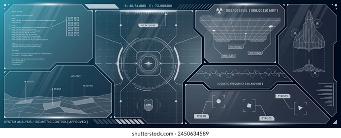 VR HUD futuristic control panel. Technology head up display target and command center UI screen. GUI digital virtual interface cyberspace hi tech visor template. FUI Sci Fi starship cockpit dashboard