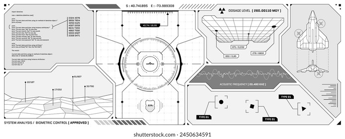 VR HUD futuristisches Bedienfeld. Technologie Head-Up-Display Ziel und UI Command Center-Bildschirm. GUI Digital Virtual Reality Interface HiTech Visier Vorlage. FUI Sci Fi Raumschiff Cockpit eps Dashboard