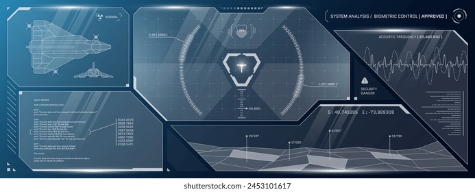 VR HUD futuristisches Cyberspace-Bedienfeld. Technologie Head-Up-Display Ziel- und Command Center-Benutzeroberfläche. GUI Digital Virtual Interface Hi-Tech Visier-Vorlage. FUI Sci Fi Raumschiff Cockpit Dashboard