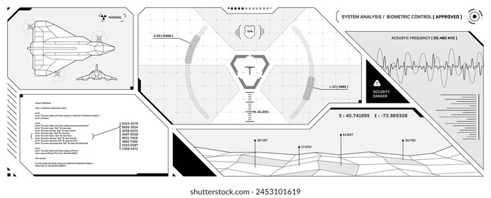 Panel de control del ciberespacio futurista VR HUD. Tecnología cabeza arriba muestra el destino y UI pantalla del centro de comandos. Interfaz de realidad virtual digital de interfaz de alta tecnología. Tablero de la cabina de la nave FUI Sci Fi