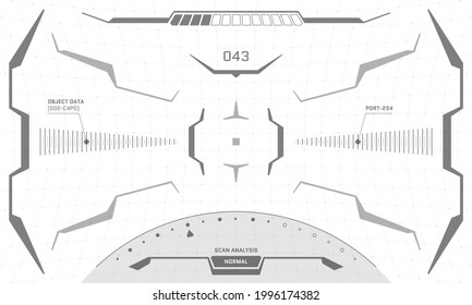 VR HUD interface crosshair screen black and white design. Futuristic sci-fi virtual reality view head up display visor. GUI UI digital technology control center dashboard panel vector eps illustration