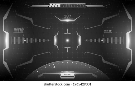 VR HUD interface cyberpunk screen black and white design concept. Futuristic sci-fi virtual reality view head up display visor. GUI UI digital technology spaceship dashboard panel eps illustration