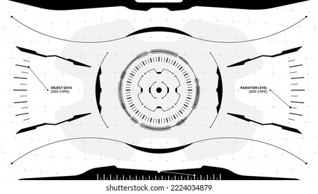 VR HUD technology head up display target. Digital futuristic virtual reality interface cyberpunk hi tech visor screen. FUI GUI UI black and white spaceship cockpit dashboard panel. Abstract vector eps