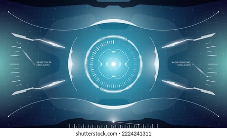 VR HUD technology head up display target. Digital futuristic virtual reality interface cyberpunk hi tech visor screen. FUI GUI UI spaceship cockpit dashboard panel glow design. Vector eps illustration