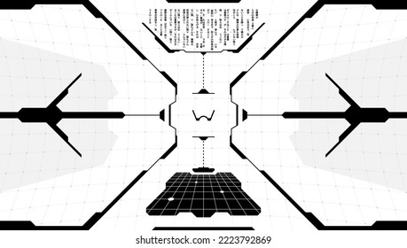 VR HUD virtual technology head up display target. Digital futuristic interface cyberpunk hi tech visor screen. FUI GUI UI black and white spaceship cockpit dashboard panel with program code. Vector