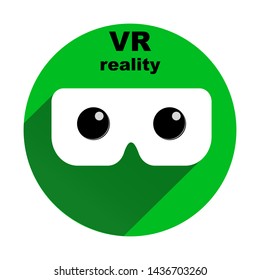 VR icon in circle with shadow, virtual reality logo, flat white VR glasses on green background, vector illustration