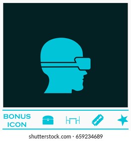 VR icon flat. Blue pictogram on dark background. Vector illustration symbol and bonus icons