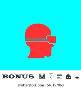 VR icon flat. Red pictogram on blue background. Vector illustration symbol and bonus buttons Music center, corkscrew, credit card, house, drum