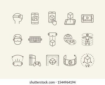 VR icon set. Man in VR glasses, DUSB, game console. Virtual reality concept. Vector illustration can be used for topics like VR, modern technologies, inventions