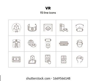 VR icon set. Man in VR glasses, DUSB, game console. Virtual reality concept. Vector illustration can be used for topics like VR, modern technologies, inventions