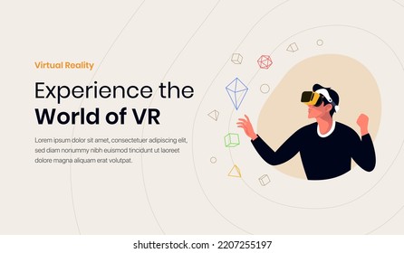 VR Illustration of a person interacting in a virtual world with a VR headset which can be used for website header, presentation, videos, blog, and other purposes.