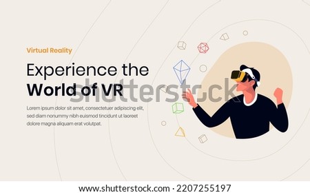 VR Illustration of a person interacting in a virtual world with a VR headset which can be used for website header, presentation, videos, blog, and other purposes.