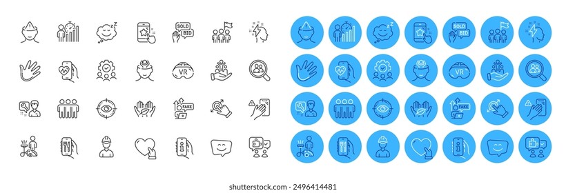 Vr, Inclusion and Foreman line icons pack. Bid offer, Smile face, Fair trade web icon. Repairman, Search employees, Puzzle pictogram. Dont touch, Cleaning, Teamwork. Cardio training. Vector