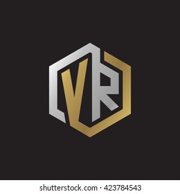 VR initial letters looping linked hexagon elegant logo golden silver black background