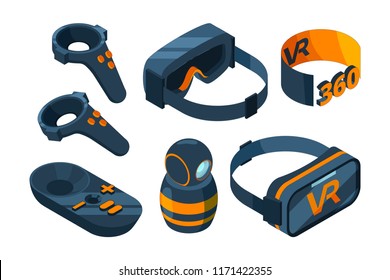 VR isometric Icon. Immersed virtual reality experience gaming equipment helmet and glasses simulator vector 3D pictures. Illustration of helmet equipment, device technology vr