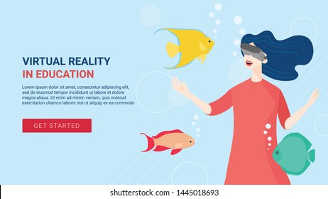 VR landing page template. Woman researching underwater world with the help of virtual reality glasses. Vector flat cartoon character.