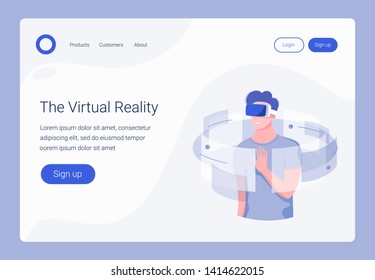 VR landing page template. Young man with VR headset with touching vr interface. Into virtual reality world. Trendy flat style. Vector illustration.
