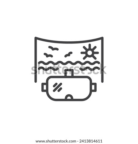 VR Leisure line icon. VR headset and beach linear style sign for mobile concept and web design. Virtual reality travel outline vector icon. Symbol, logo illustration. Vector graphics