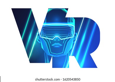 VR letter logo design. Man wearing virtual or augmented reality glasses. Vector illustration