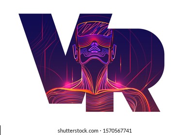 VR letter logo design. Person wearing virtual or augmented reality glasses. Vector illustration