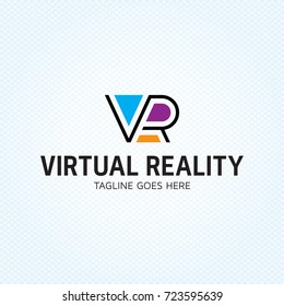 VR letter logo design template. Vector virtual reality logotype illustration. Graphic cyberspace lettering icon symbol for cyber sport company. Colorful line typography label isolated on background