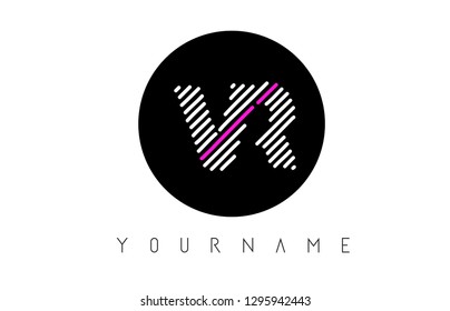 VR Letter Logo Design with White Lines and Black Circle Vector Illustration
